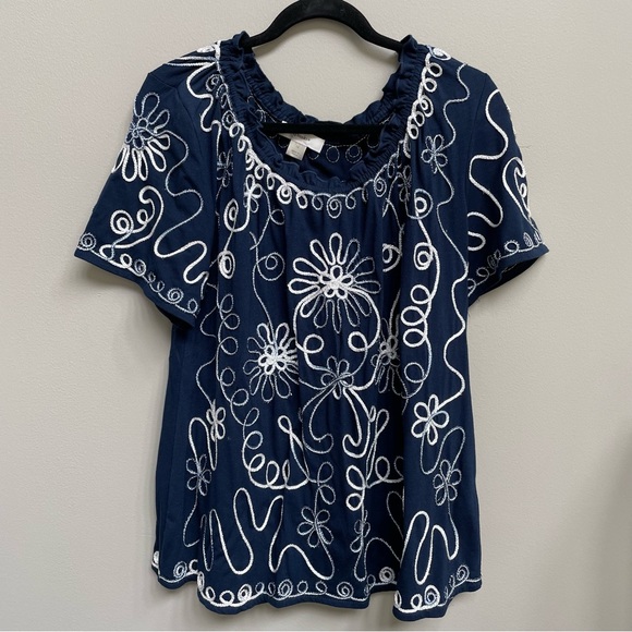 Women’s Navy Short Sleeve Top with White & Silver Swirl Design - Size 1X - Picture 3 of 12